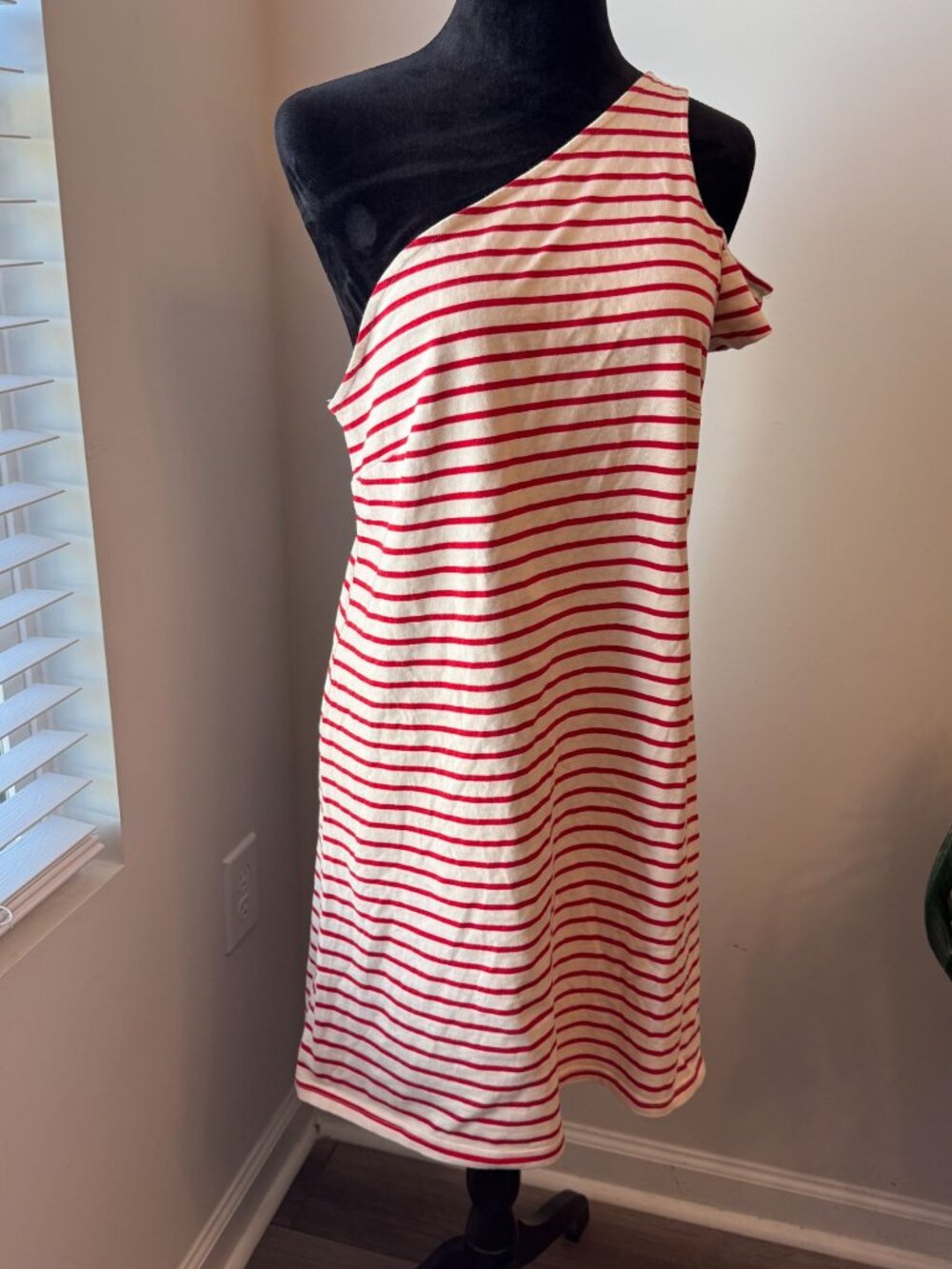Anthropologie Maeve Marketa One-Shoulder Dress Red Cream Size L Coastal Tailgate - Picture 5 of 9
